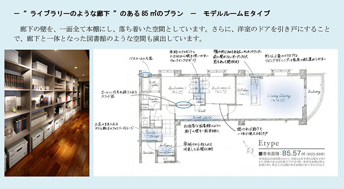 ライブラリーのような廊下のある85m²のプラン モデルルームEタイプ