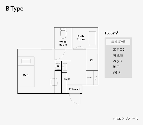 nears五反田Bタイプの間取り図。広さを重視した快適な個室設計