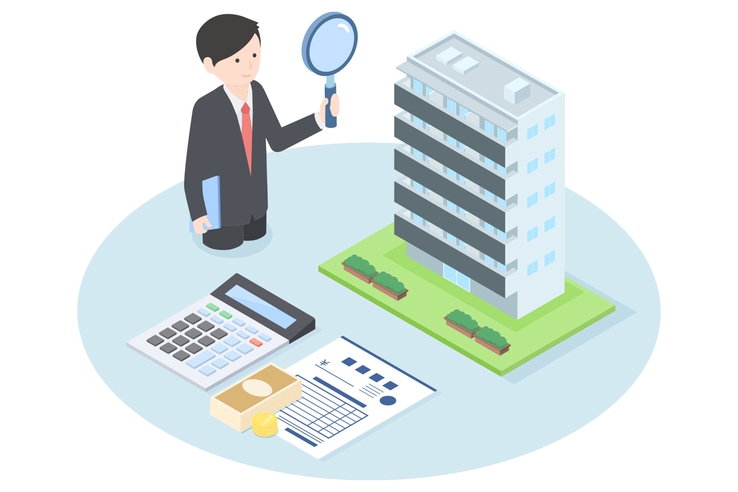 マンションの物件価値と賃貸状況を調査するイラスト