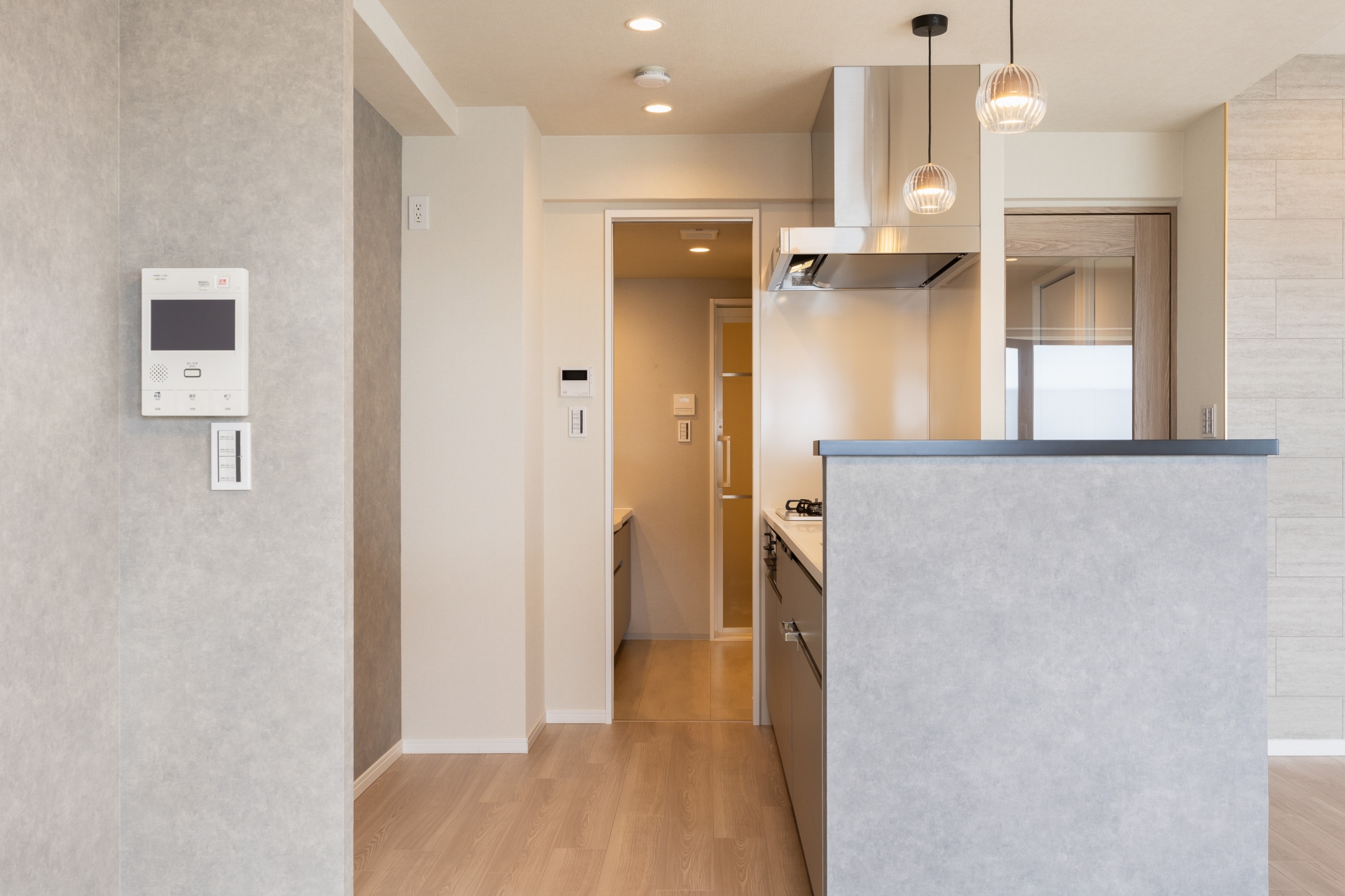 【キッチン】キッチン横のスライドドアを開けると洗面室に繋がる2Way動線。家事効率が上がります。(2025年8月)