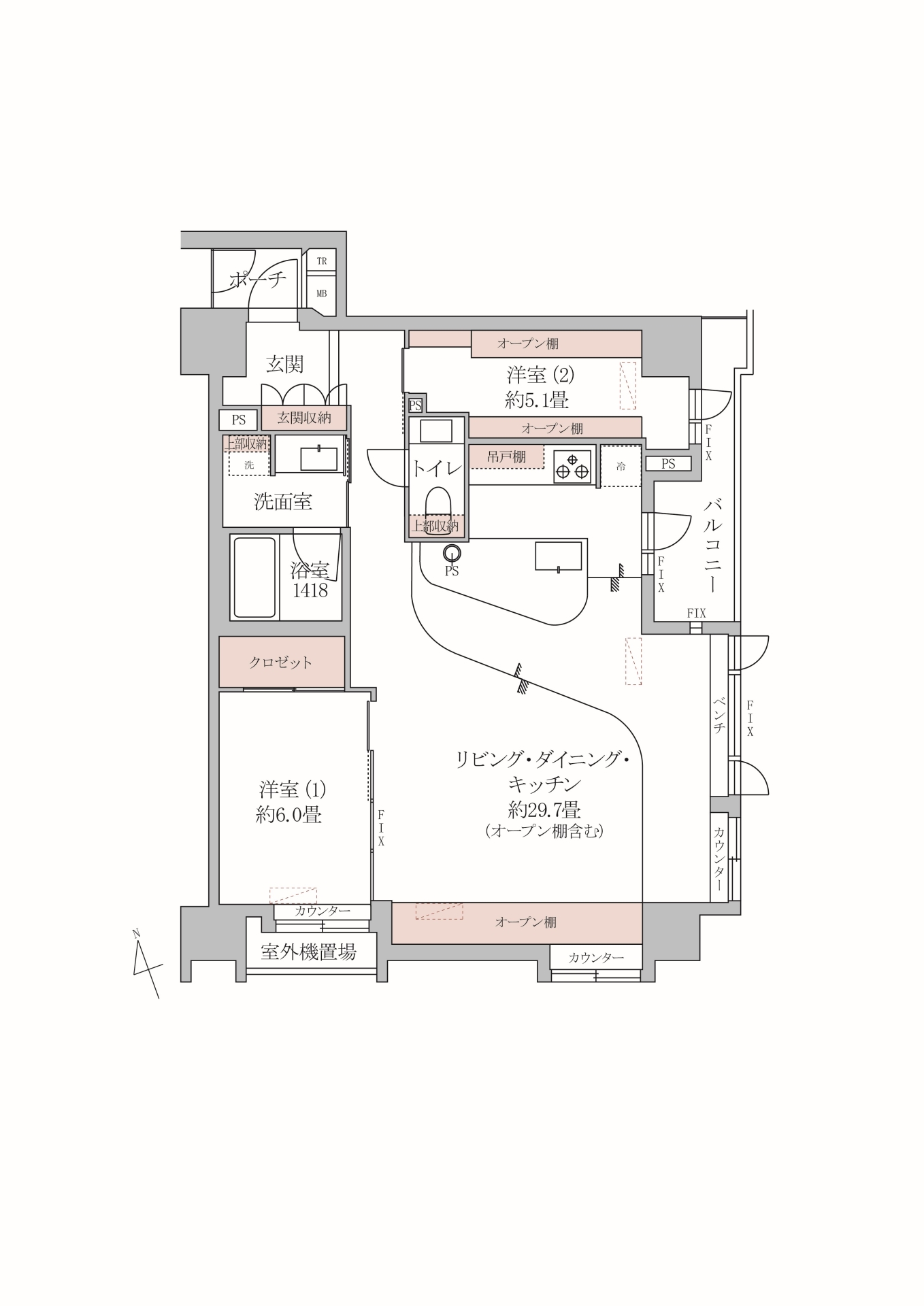 間取／東・南方向角部屋、2面採光がもたらす明るい室内空間(2025年12月)