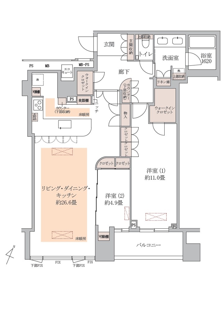 間取／102.32平米、ゆとりの2LDK(2026年6月)