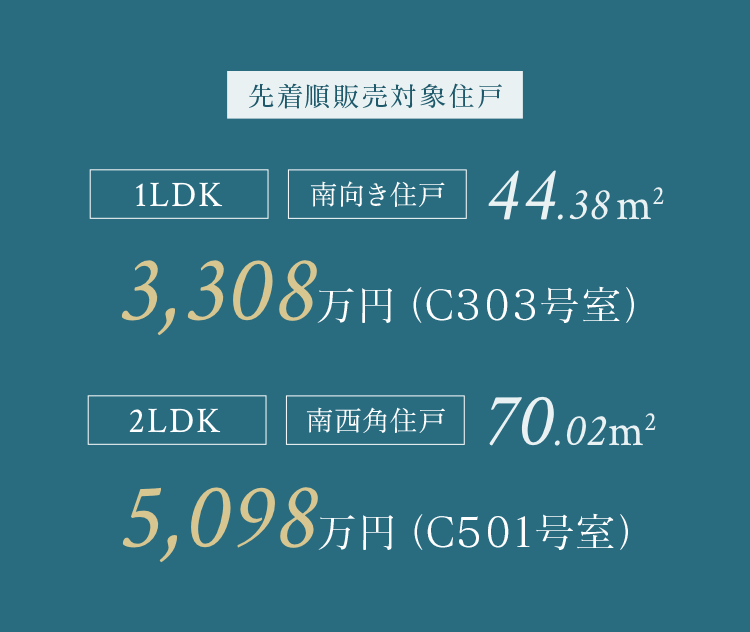 先着順販売対象住戸 1LDK 南向き住戸 44.38㎡ 3,308万円(C303号室) 2LDK 南向き住戸 70.02㎡ 5,098万円(C501号室)