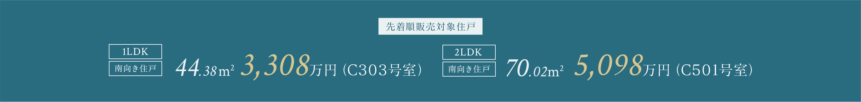 先着順販売対象住戸 1LDK 南向き住戸 44.38㎡ 3,308万円(C303号室) 2LDK 南向き住戸 70.02㎡ 5,098万円(C501号室)