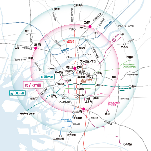 梅田駅を中心とした同心円距離圏図