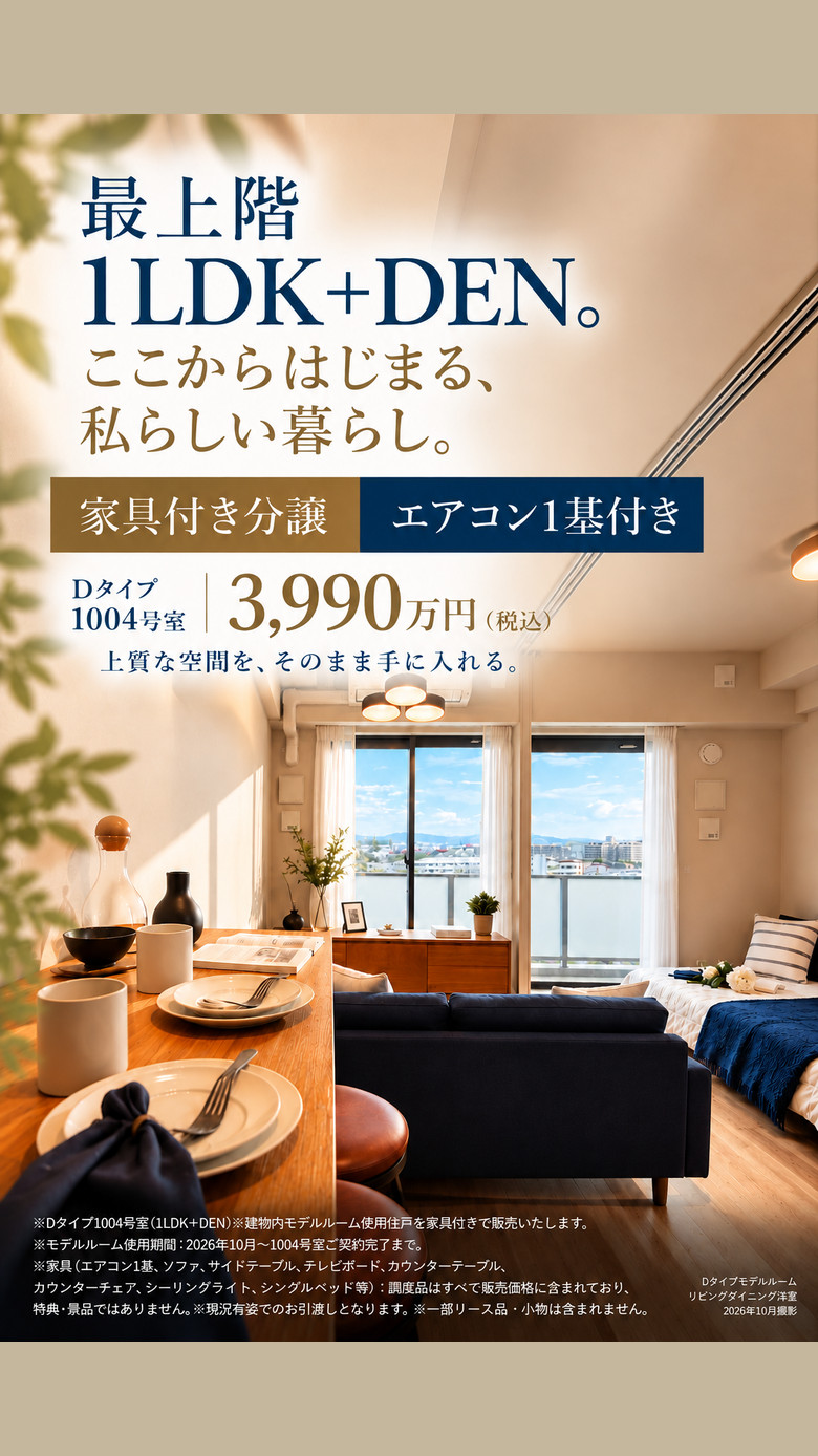 最上階 1LDK+DEN。ここからはじまる、私らしい暮らし。家具付き分譲 エアコン1基付き Dタイプ1004号室 3,990万円（税込）