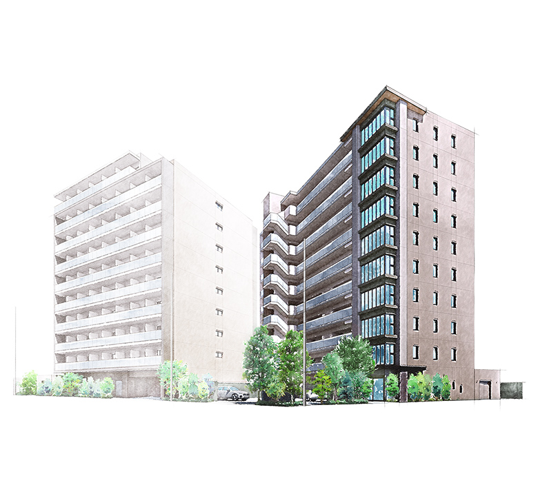 外観完成予想イメージイラスト※左側の建物は、株式会社コスモスイニシアが複合開発する学生マンション「コスモグラシア南茨木」であり、本物件ではございません。