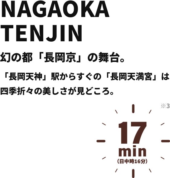 NAGAOKA TENJIN 幻の都「長岡京」の舞台。 「長岡天神」駅からすぐの「長岡天満宮」は四季折々の美しさが見どころ。 17min （日中時16分）