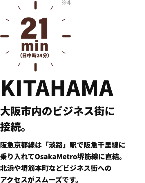 KITAHAMA 大阪市内のビジネス街に接続。 阪急京都線は「淡路」駅で阪急千里線に乗り入れて OsakaMetro堺筋線に直結。 北浜や堺筋本町などビジネス街へのアクセスがスムーズです。 21min （日中時24分）