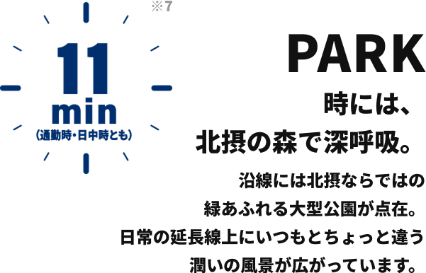 PARK 時には、北摂の森で深呼吸。 沿線には北摂ならではの緑あふれる大型公園が点在。日常の延長線上にいつもとちょっと違う潤いの風景が広がっています。 11min （通勤時・日中時とも）