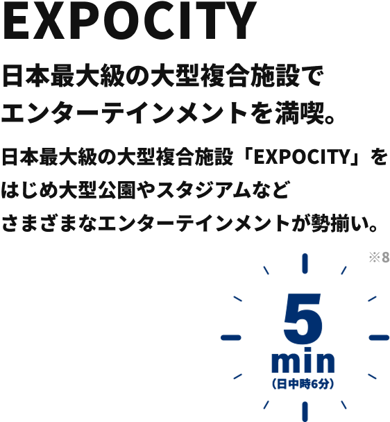 EXPOCITY 日本最大級の大型複合施設でエンターテインメントを満喫。 日本最大級の大型複合施設「EXPOCITY」をはじめ、大型公園やスタジアムなど様々なエンターテインメントが勢揃い。 5min （日中時6分）