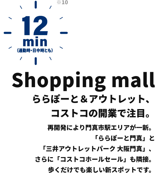 LaLaport & Costco ららぽーと、コストコの開業で注目。 再開発により門真市駅エリアに話題の大型ショッピングモールが誕生。アウトレットに大型スーパーなど歩くだけでも楽しい新スポットです。 12min （通勤時・日中時とも）